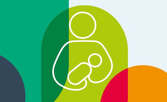 Vier Säulen in verschiedenen Farben. Icon einer Person, die ein Baby hält.